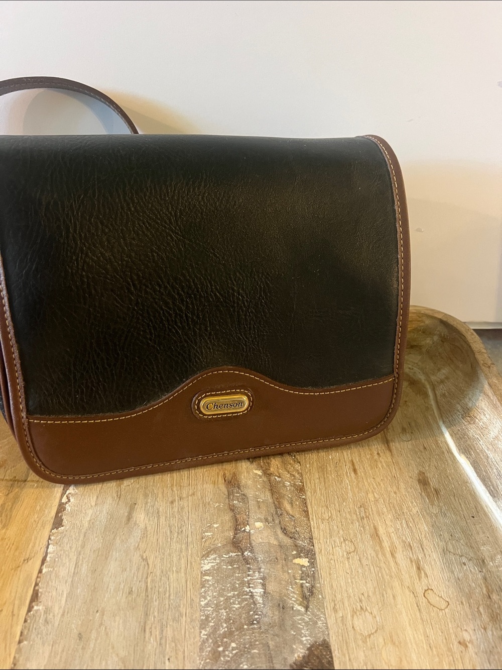 Two-Tone Black and Brown Leather Messenger Bag for Women